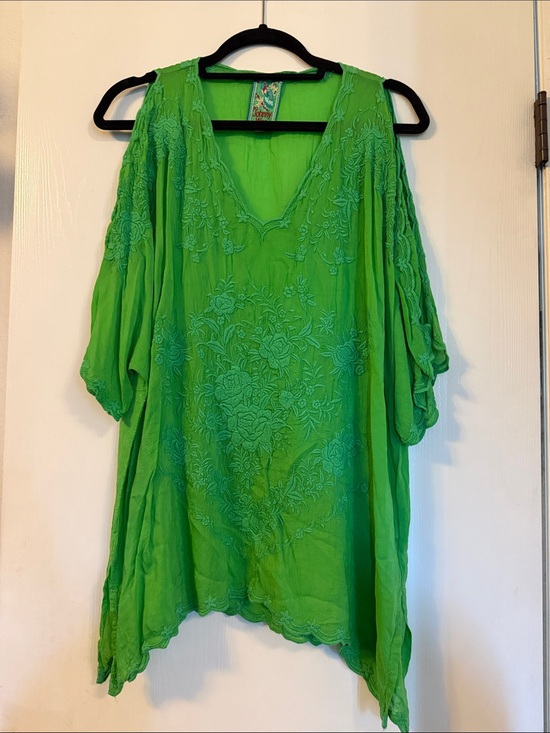 Johnny Was Tops - Johnny Was Bright Green Embroidered V-Neck Tunic
